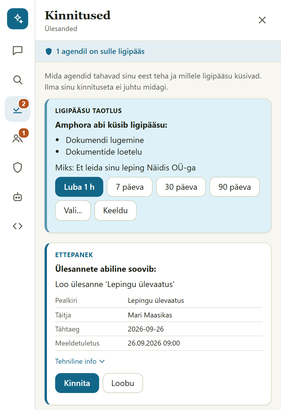 Kinnitused: AmBot on koostanud ülesande, kasutaja vajutab Kinnita