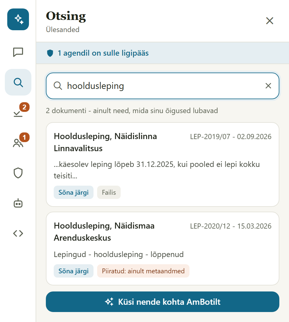 AmBoti otsing: kaks leitud hoolduslepingut, iga tulemuse juures, kust see leiti