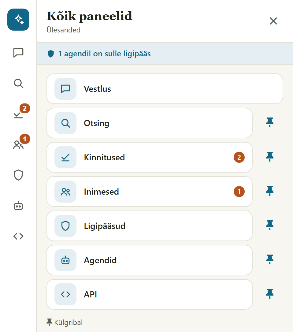 Kõik paneelid: Vestlus, Otsing, Kinnitused, Inimesed, Ligipääsud, Agendid, API