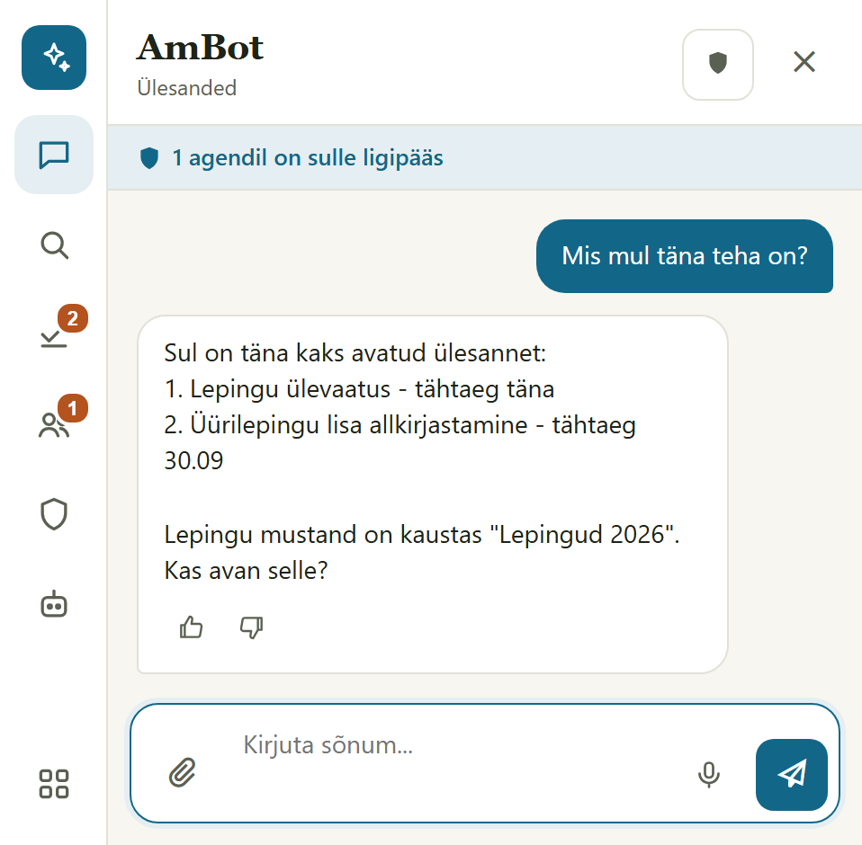 AmBoti vestlus: „Mis mul täna teha on?” ja AmBoti vastus kahe ülesandega