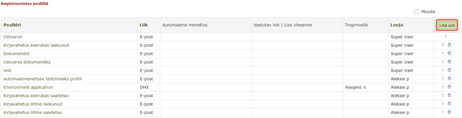 !Registreerimise profiilide vaade