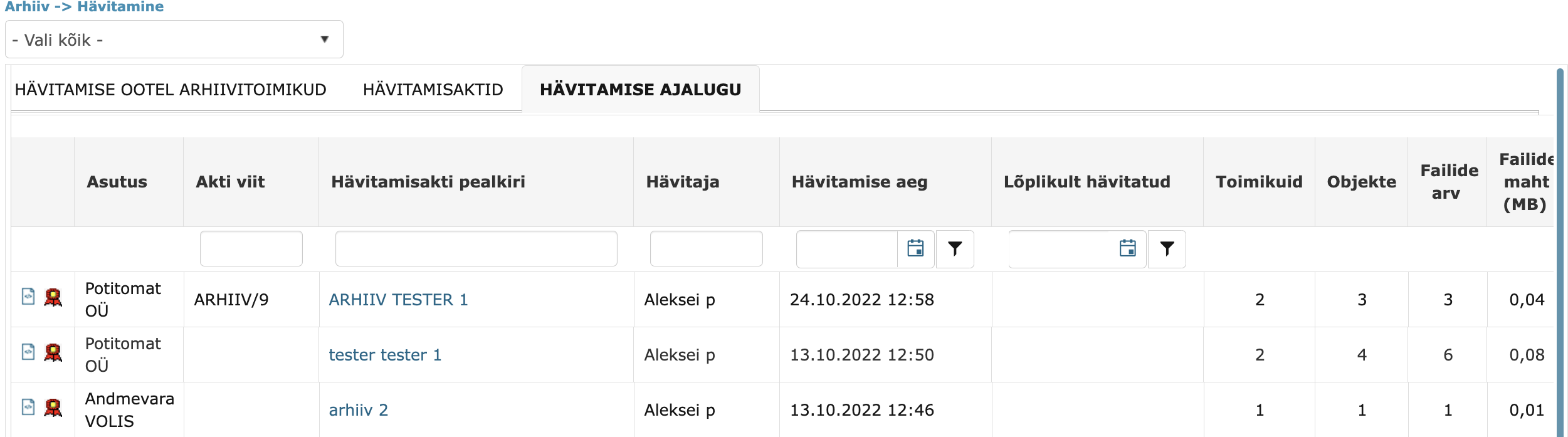 !Hävitamise ajaloo listivaade