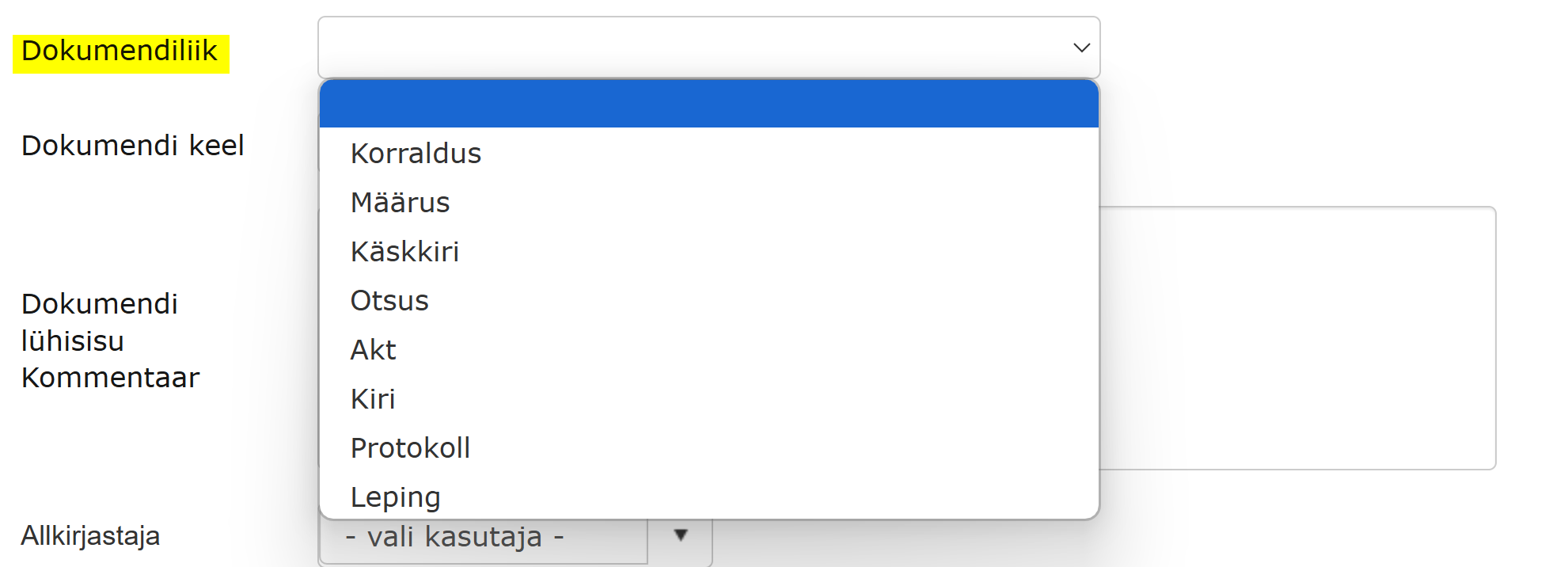 !Dokumendiliigi valik