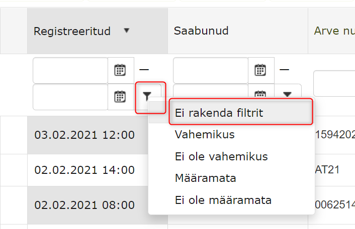 !Ei rakenda filtrit valik