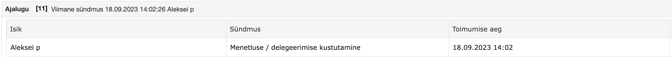 Menetluse / delegeerimise kustutamise logi