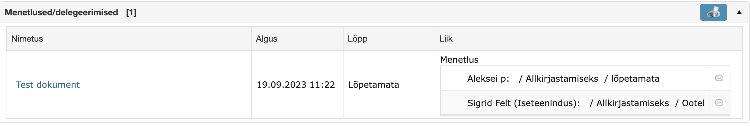 Isiku ja kasutaja kuvamine menetluse/delegeerimise paneelis