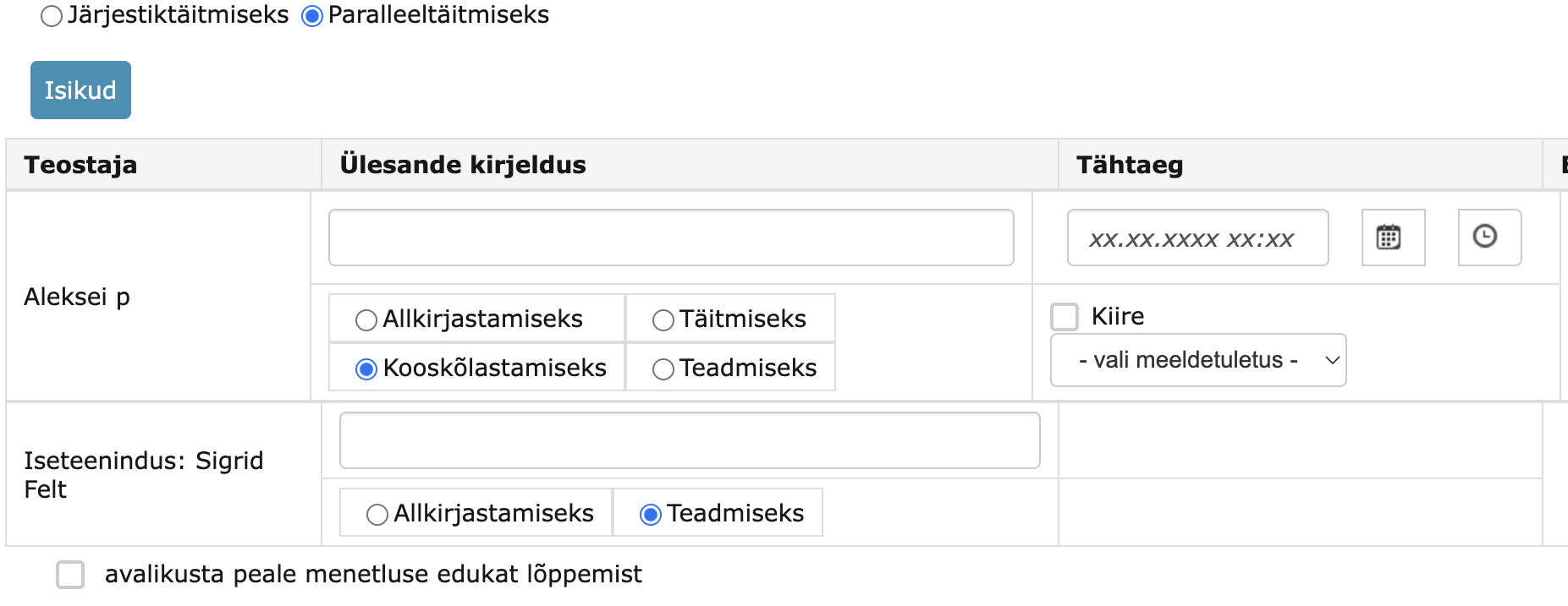 Kasutaja ja isik menetluse loomisel